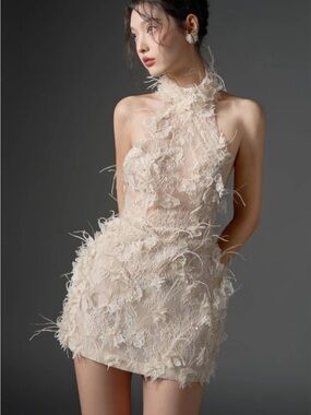 21Six Asad Lace Flower and Feather Dress